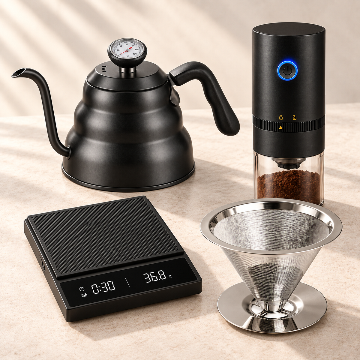 Complete Brew Set: tetera, molino, báscula y filtro reutilizable de acero inoxidable