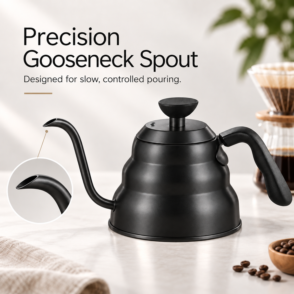 Precision gooseneck spout for slow controlled pouring
