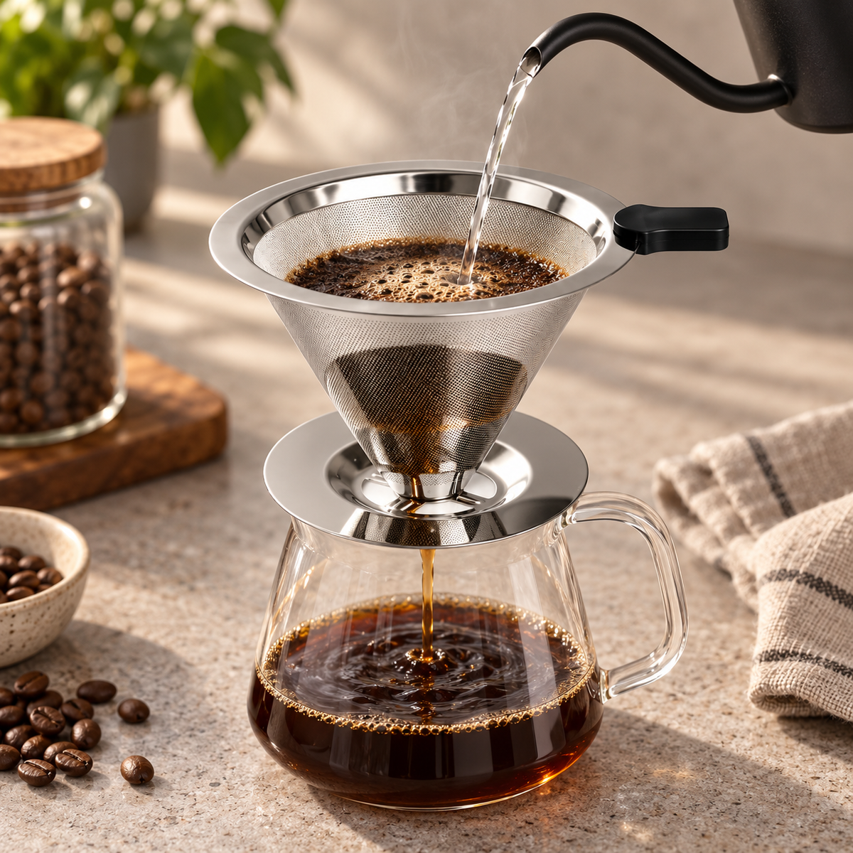 Filtro Pour Over MAT reutilizable durante una preparación de café