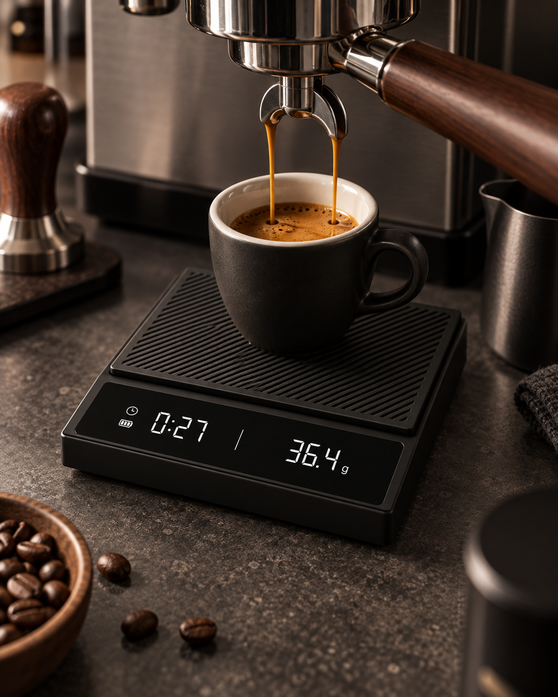 MAT Precision Brew Scale used for espresso shot timing and weighing
