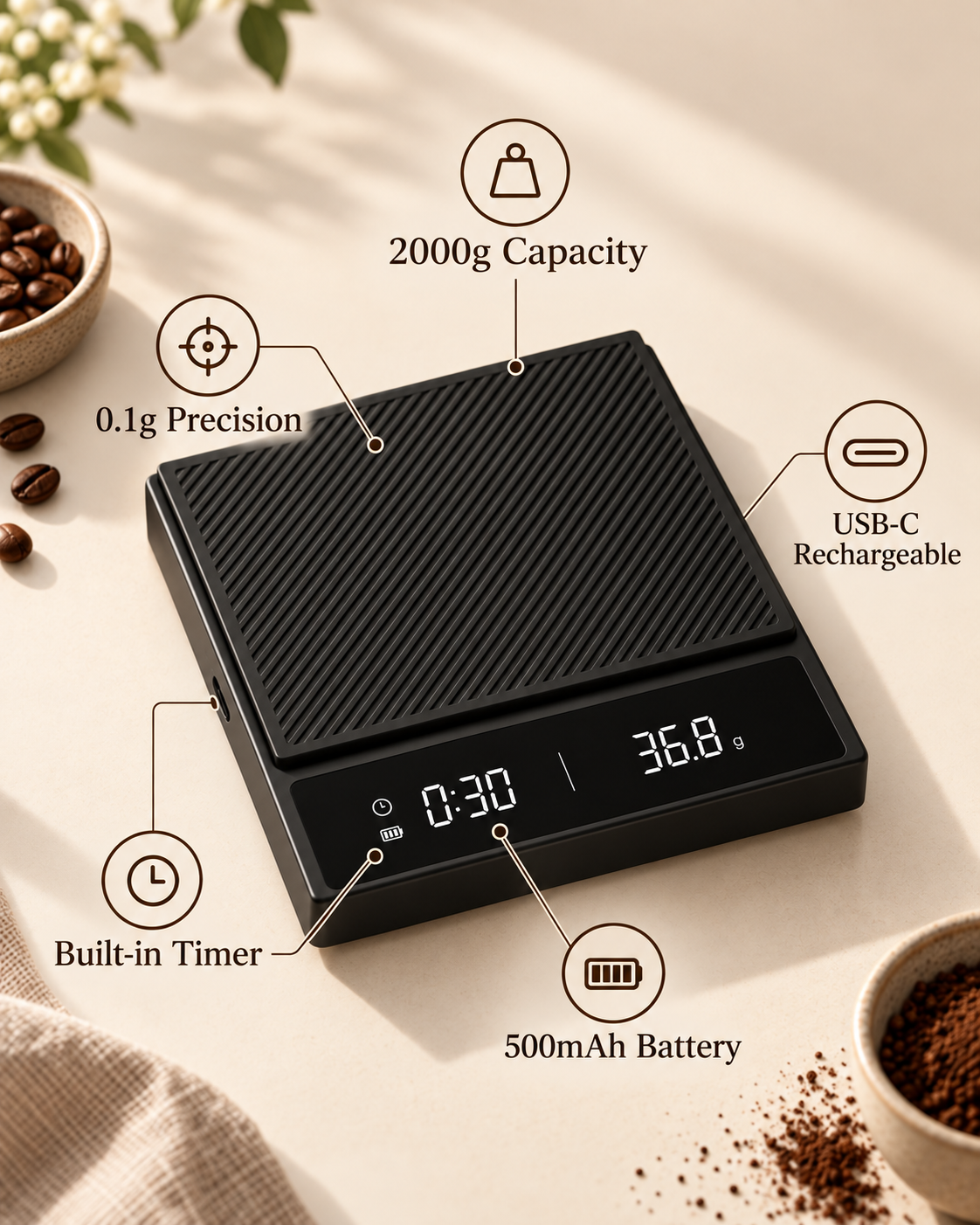 MAT Precision Brew Scale features: 0.1g precision, built-in timer, USB-C rechargeable, 500mAh battery, 2000g capacity