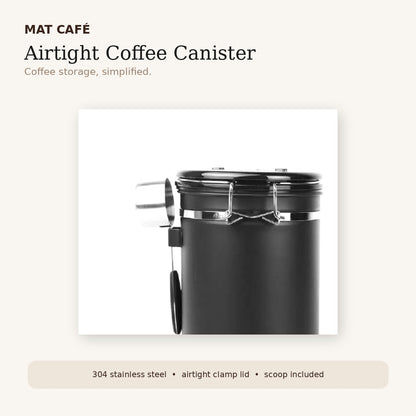 MAT Airtight Coffee Canister matte black stainless steel with clamp lid and side scoop