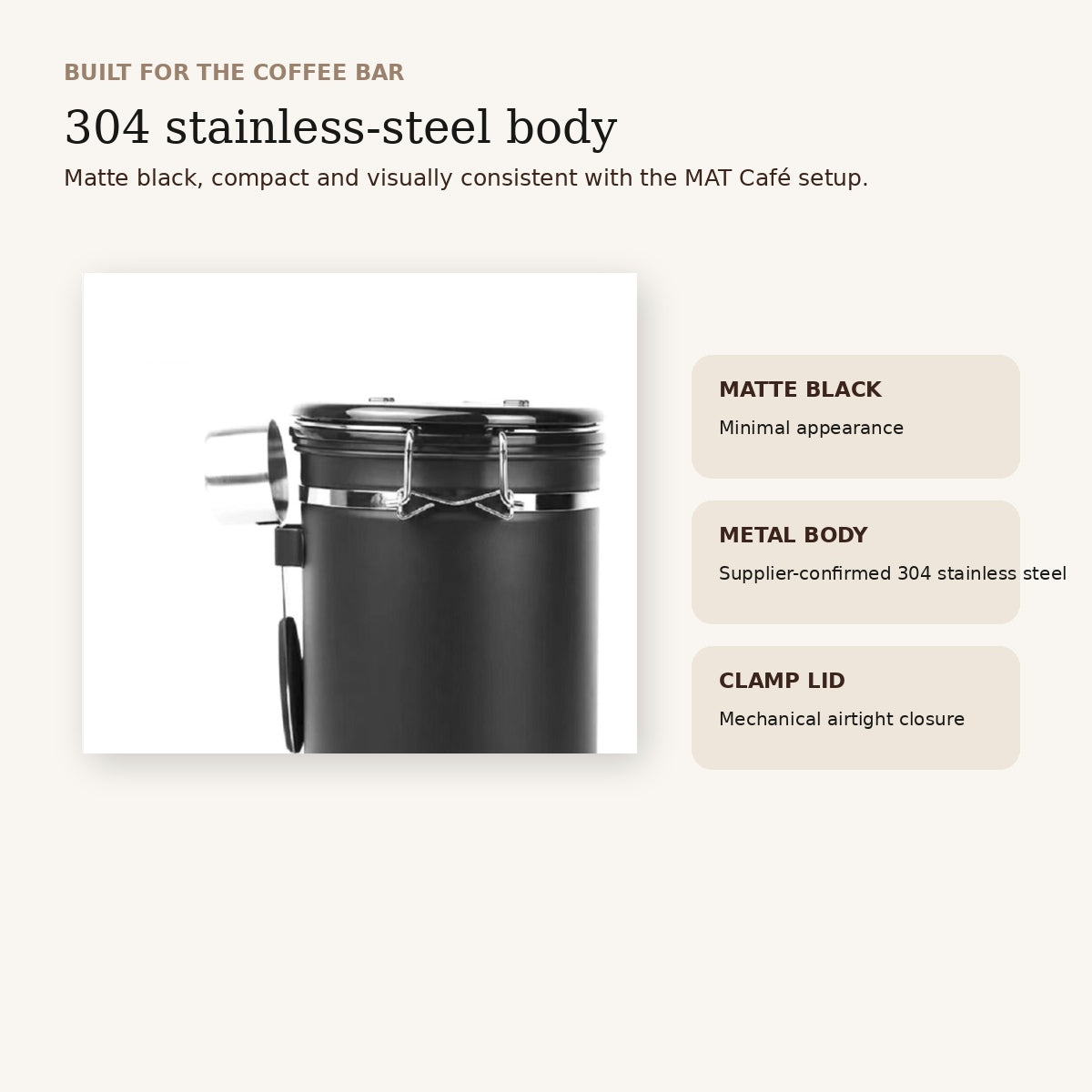 MAT Airtight Coffee Canister 304 stainless steel matte black body