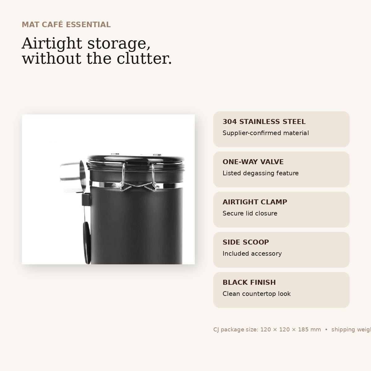 MAT Airtight Coffee Canister feature overview with stainless steel body, valve lid and scoop