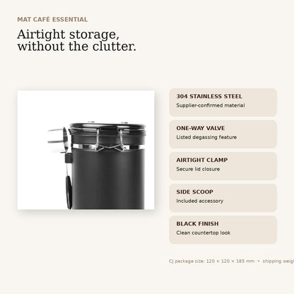 MAT Airtight Coffee Canister feature overview with stainless steel body, valve lid and scoop