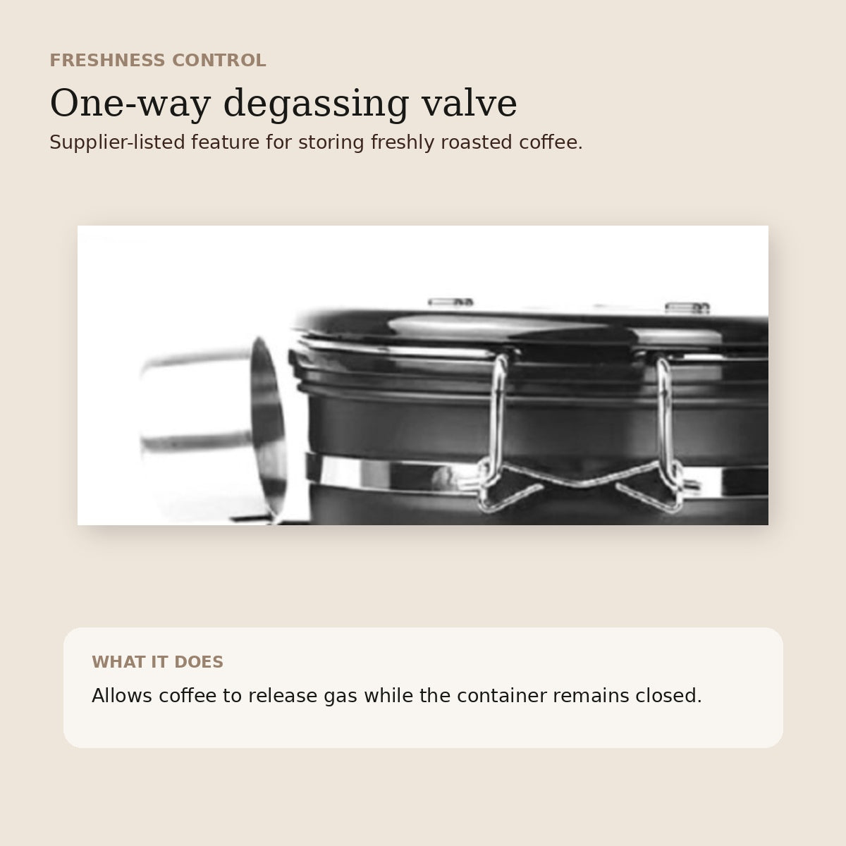 Close-up of airtight coffee canister lid and one-way degassing valve