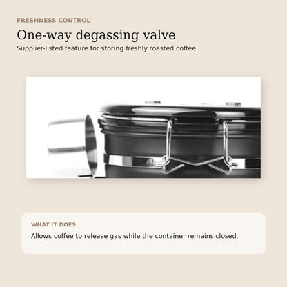 Close-up of airtight coffee canister lid and one-way degassing valve