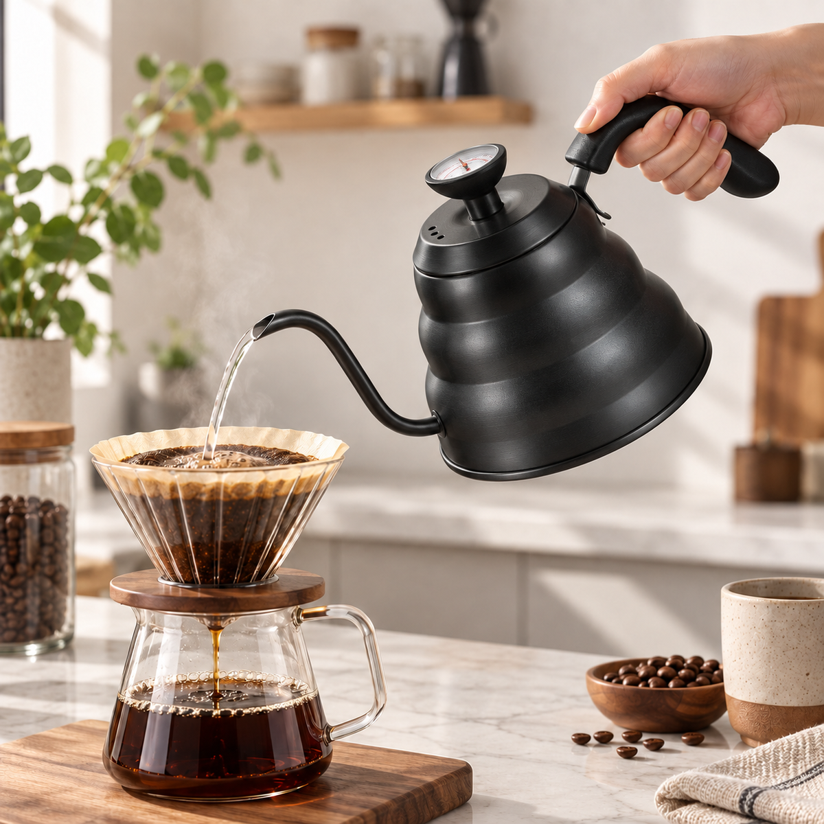 MAT Café black 1.2 L gooseneck kettle pouring water over coffee for a pour-over brew