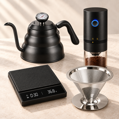 Complete Brew Set: tetera, molino, báscula y filtro reutilizable de acero inoxidable