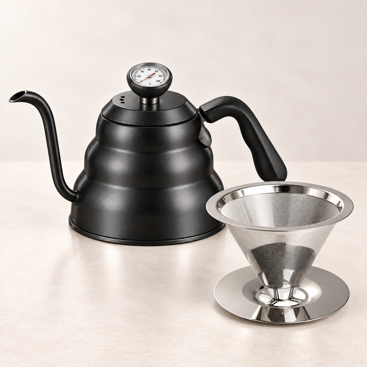 Pour-Over Essentials: tetera de cuello de cisne con termómetro y filtro de acero inoxidable