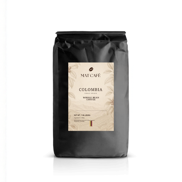 MAT Café Colombia Whole Bean 1 lb bag with custom label