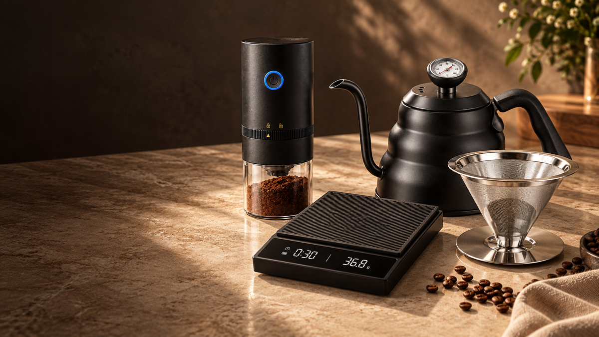 MAT Café Complete Brew Set: actual scale, electric grinder, black gooseneck kettle and handle-free stainless pour-over filter