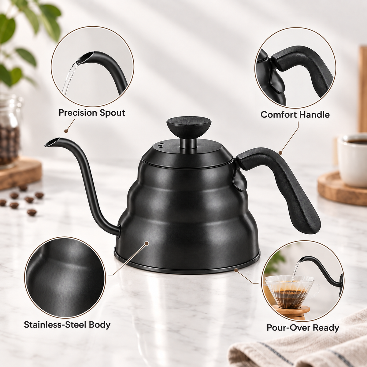 MAT Café black gooseneck kettle overview with precision spout and pour-over use