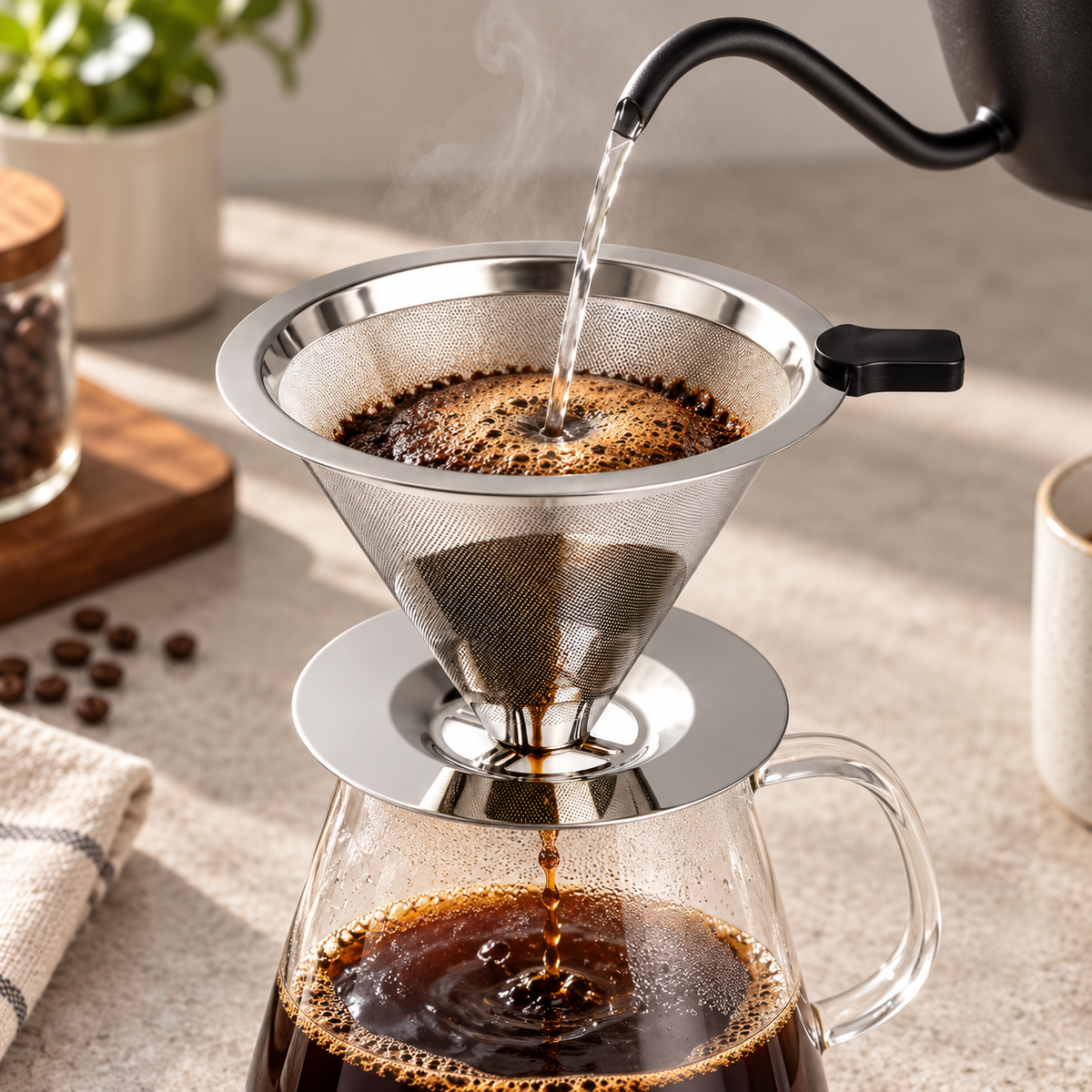 Filtro Pour Over MAT preparando café sobre jarra de vidrio