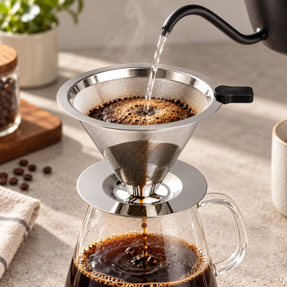 Filtro Pour Over MAT preparando café sobre jarra de vidrio