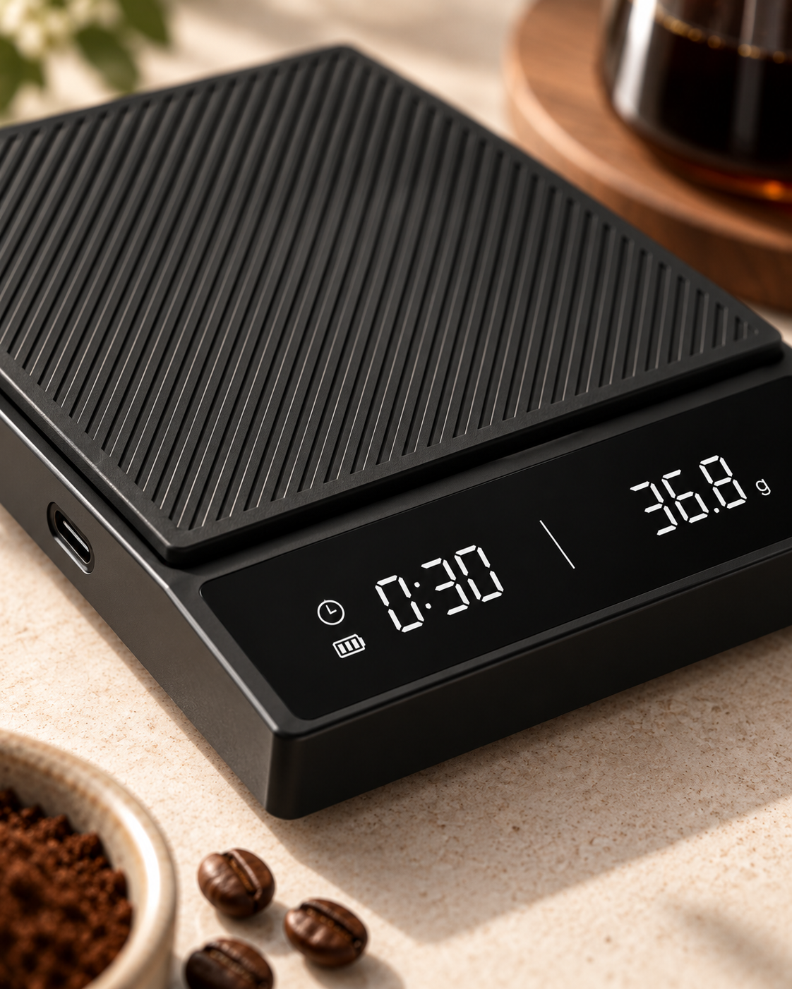 Close-up of MAT Precision Brew Scale display, textured mat and USB-C charging port
