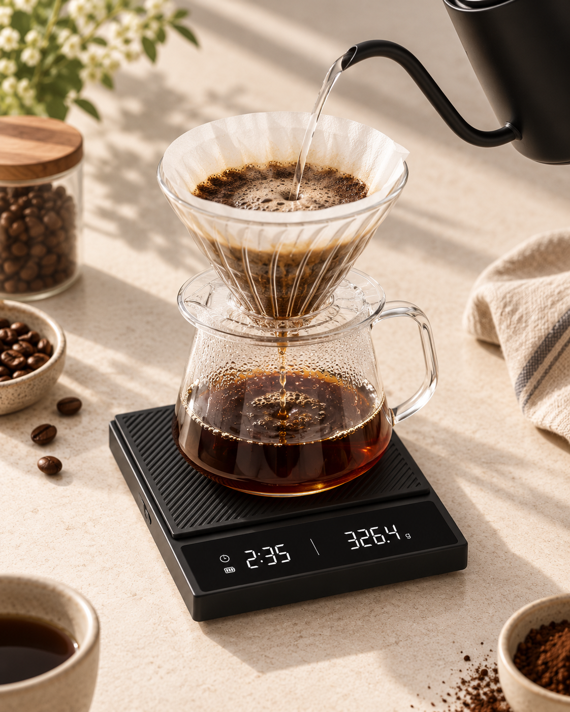 MAT Precision Brew Scale used for pour-over coffee with timer and weight tracking