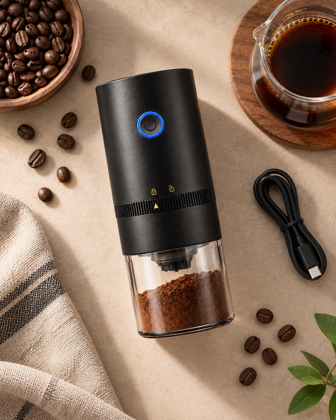 Portable electric coffee grinder in a warm coffee scene with USB-C and auto-stop feature callouts