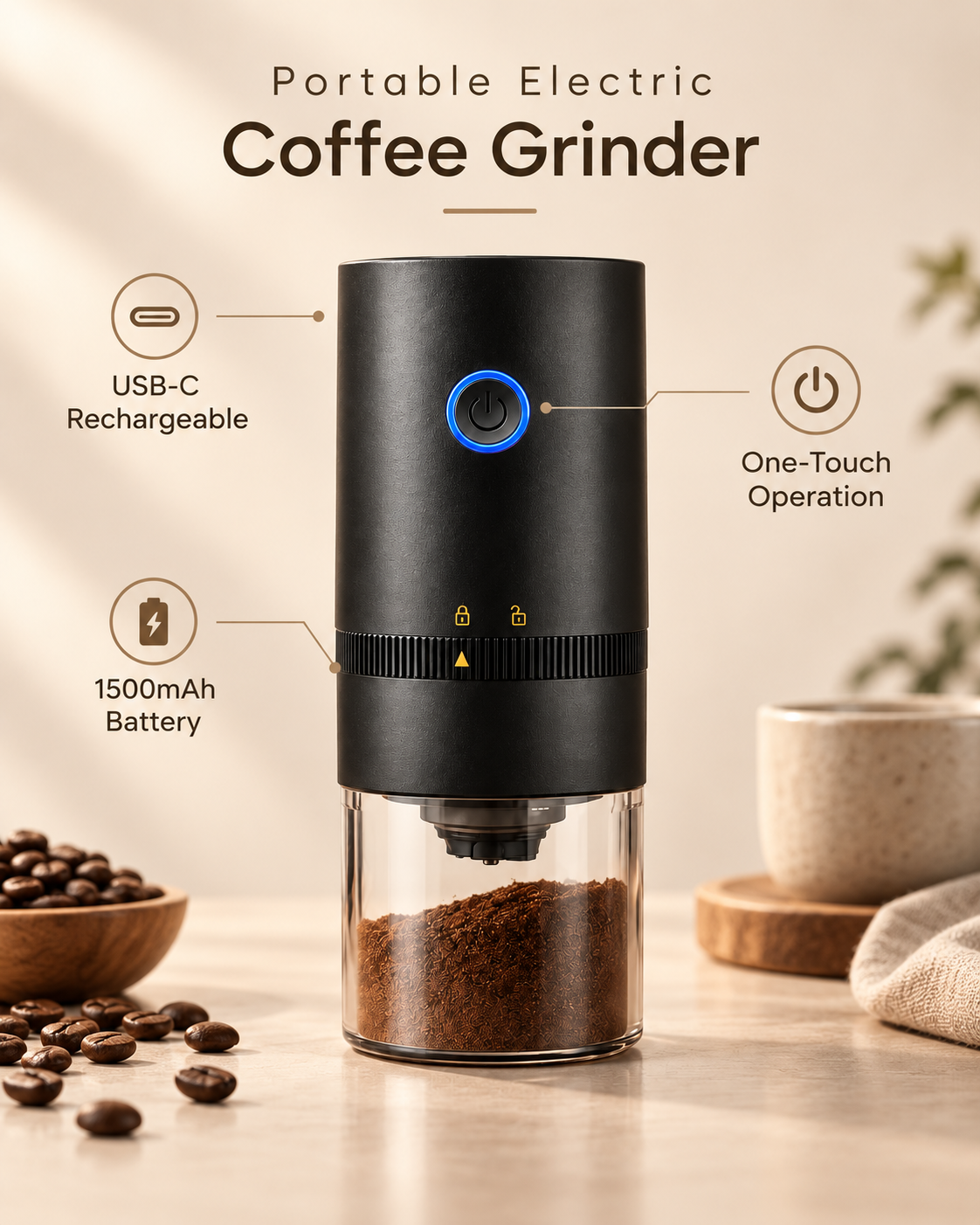 MAT portable electric coffee grinder USB-C and 1500mAh feature overview