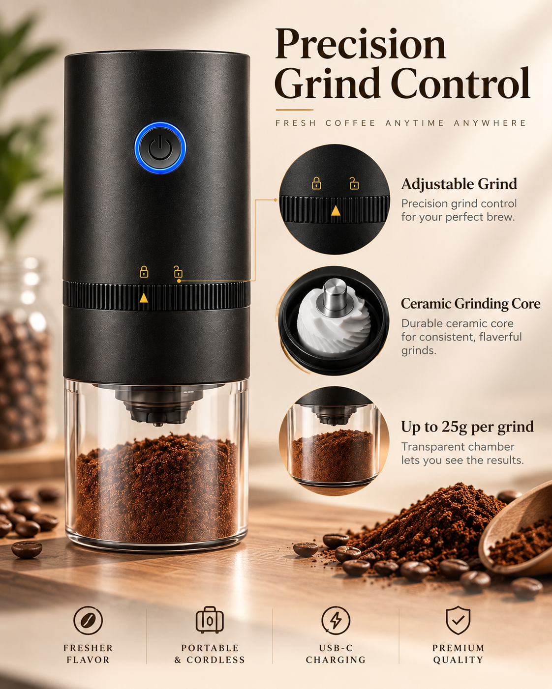 Portable coffee grinder ceramic grinding core and adjustable grind control overview