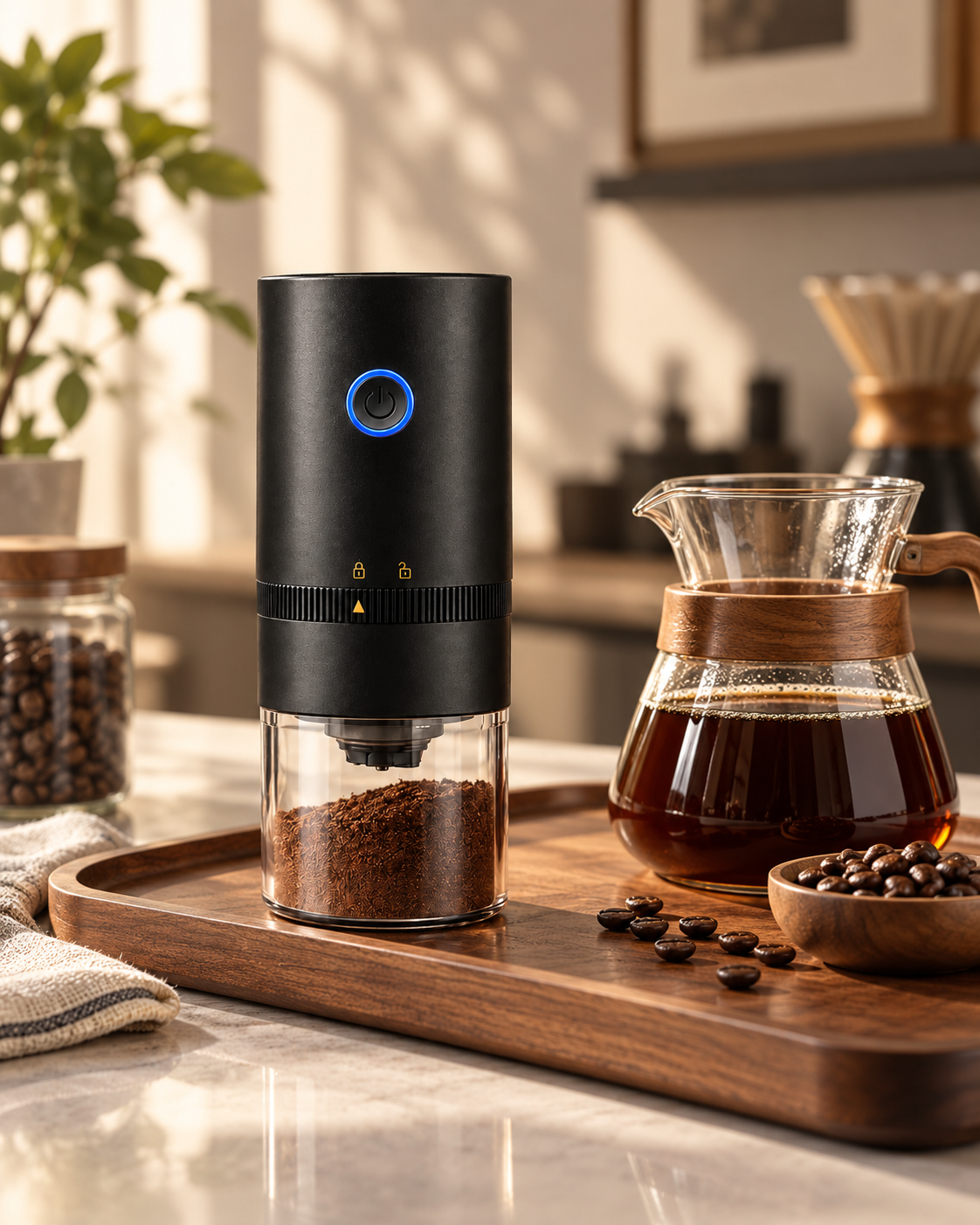 Portable black electric coffee grinder in a warm home coffee setup
