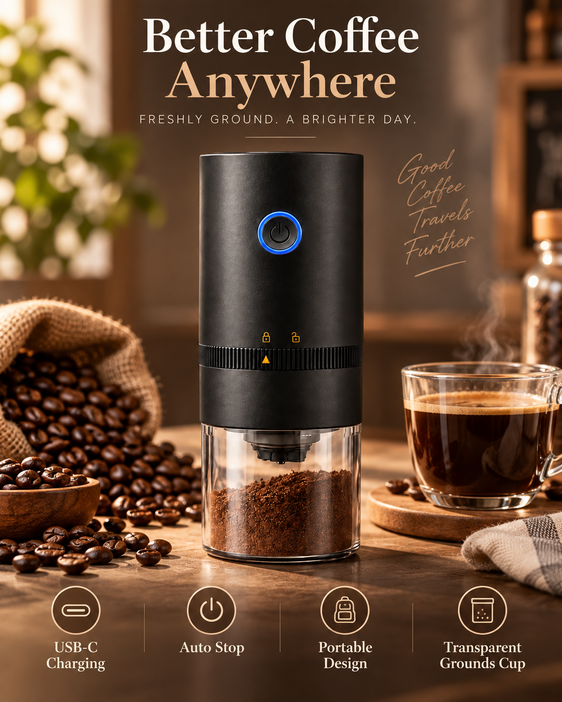 Black portable coffee grinder with USB-C charging cable in a premium coffee setup