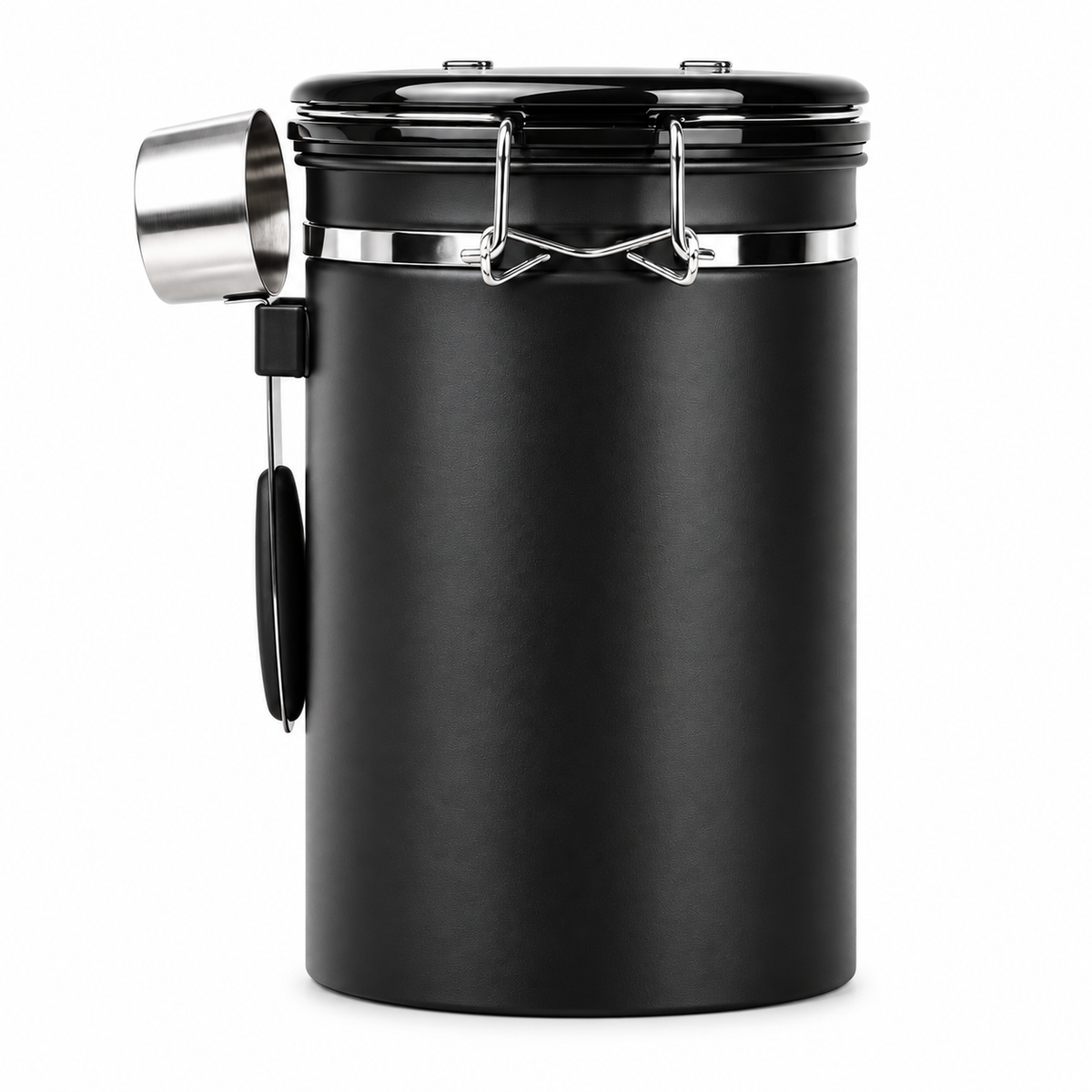 Black airtight coffee canister with lid and attached scoop on a white background