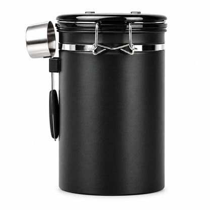 Black airtight coffee canister with lid and attached scoop on a white background