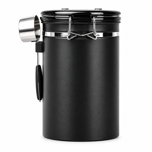 Black airtight coffee canister with lid and attached scoop on a white background