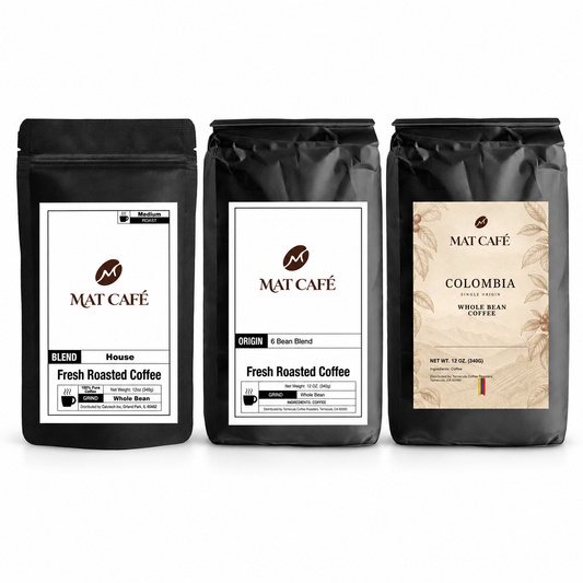 Coffee Discovery Trio: House Blend, 6 Bean Blend and Colombia, three 12 oz bags on a white background