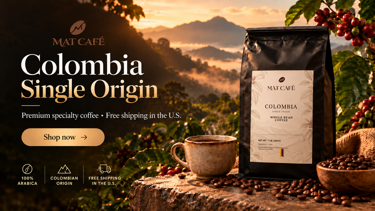 MAT Café Colombia Single Origin black bag with the official botanical label in the original Colombian sunset hero