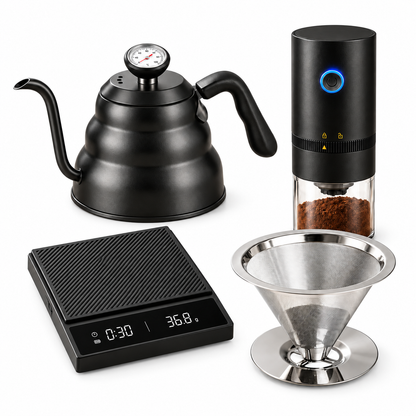Complete Brew Set with grinder, scale, kettle and reusable filter on a white background