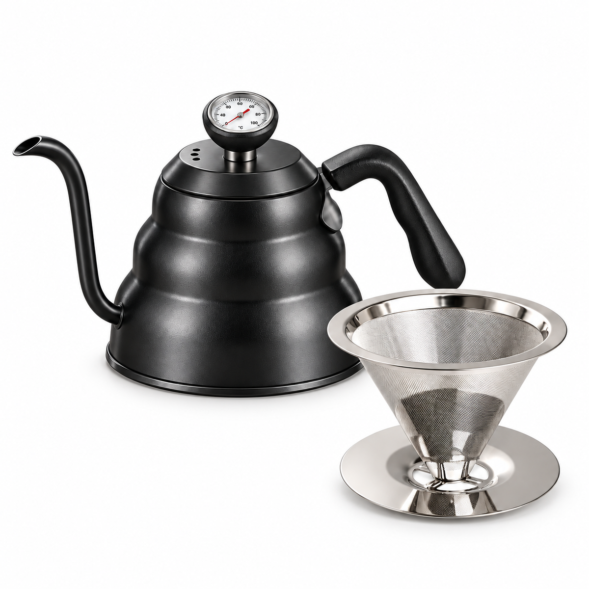 Pour-Over Essentials bundle with black kettle and stainless steel filter on a white background