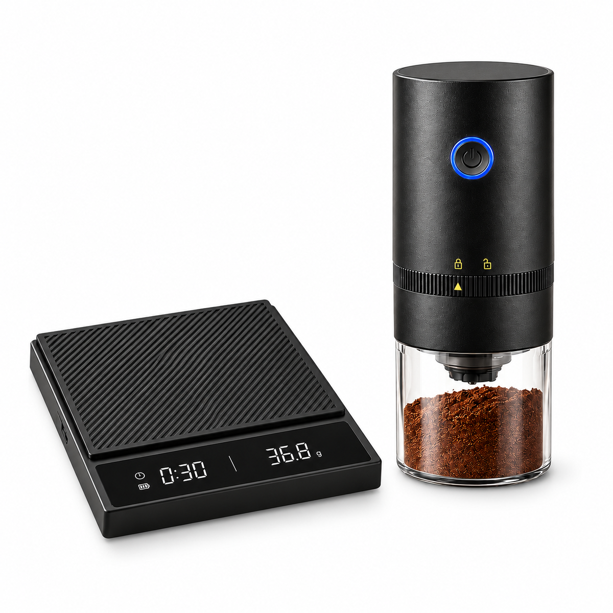 Precision Brew Duo with electric grinder and coffee scale on a white background