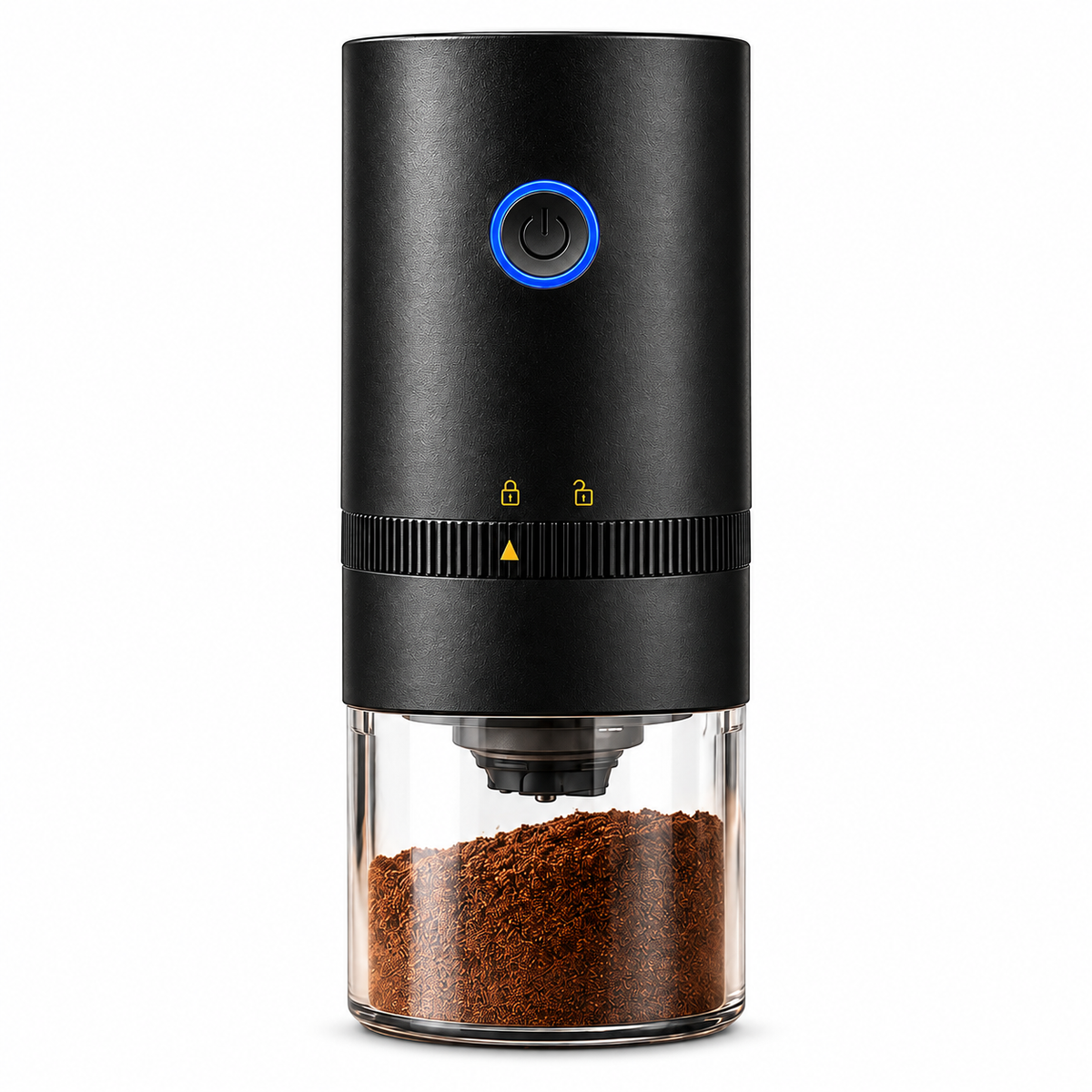 Black electric burr grinder with glass cup on a white background