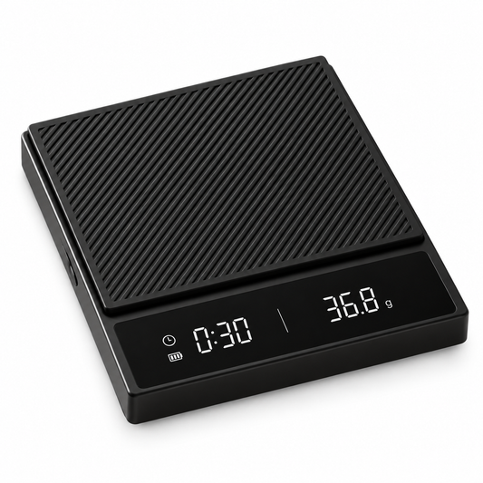 Black precision coffee scale with timer on a white background