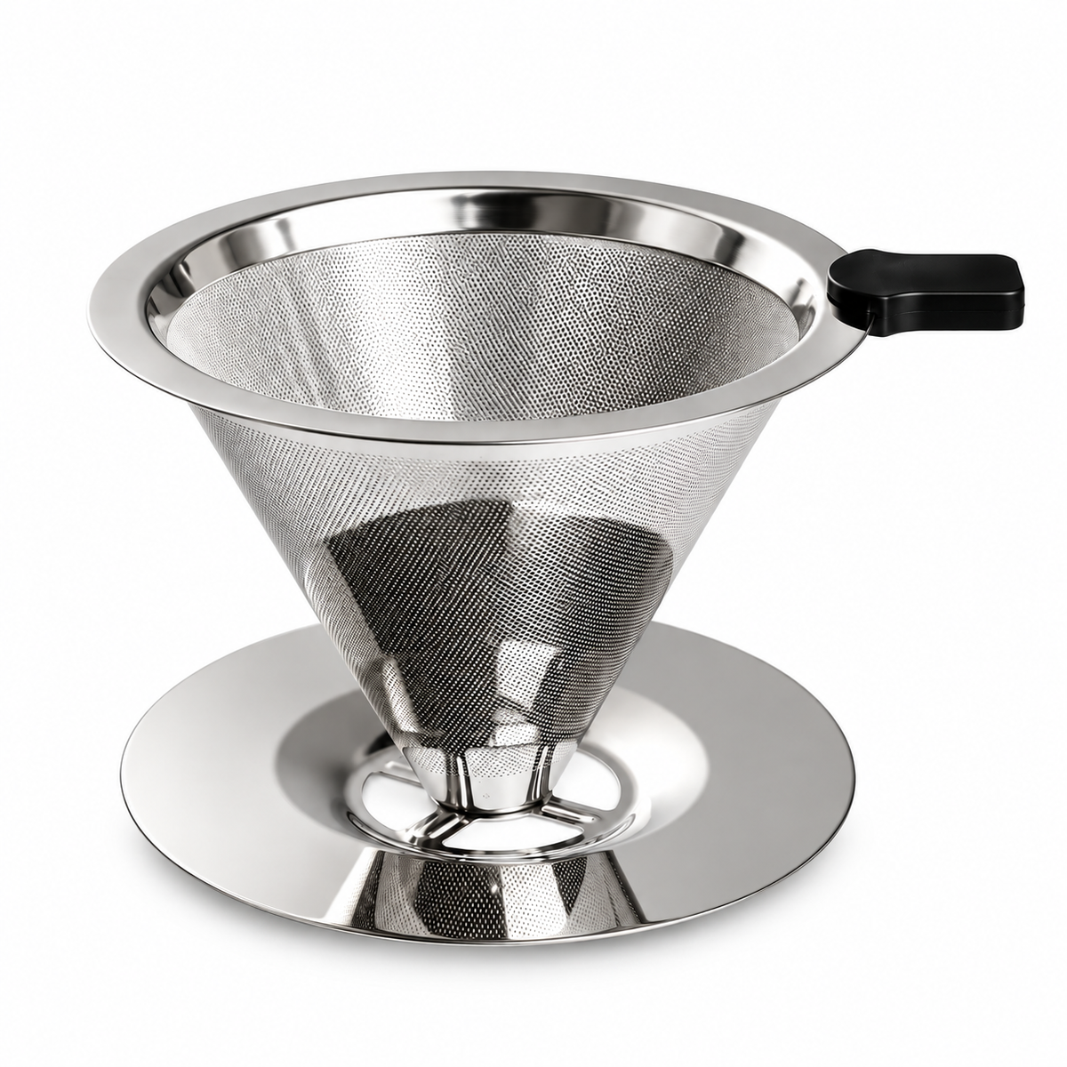 Reusable stainless steel pour-over filter on a white background