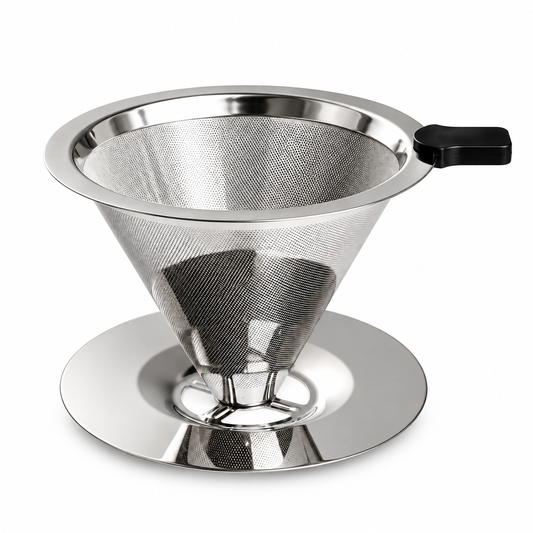 Reusable stainless steel pour-over filter on a white background