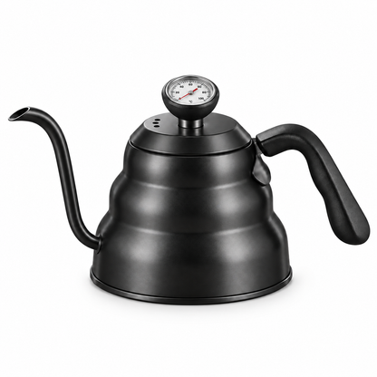 Black 1.2 L gooseneck kettle with thermometer on a white background