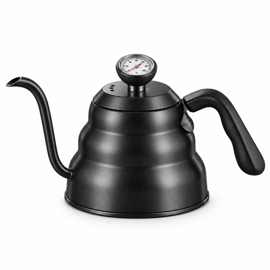 Black 1.2 L gooseneck kettle with thermometer on a white background
